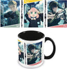 A white ceramic mug with a black handle and black interior, printed with anime artwork from Spy x Family. Above the mug, three matching printed cards or panels show additional character artwork.
