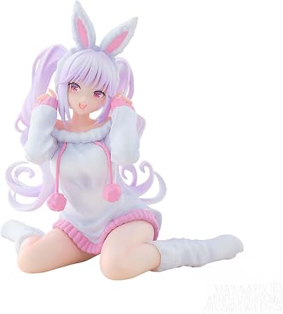 Anime character figurine in bunny outfit with pink and white colors on a white background