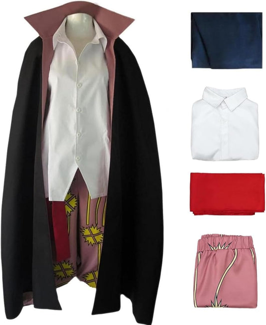 Costume set with a black robe, white shirt, red and pink pants on a white background.