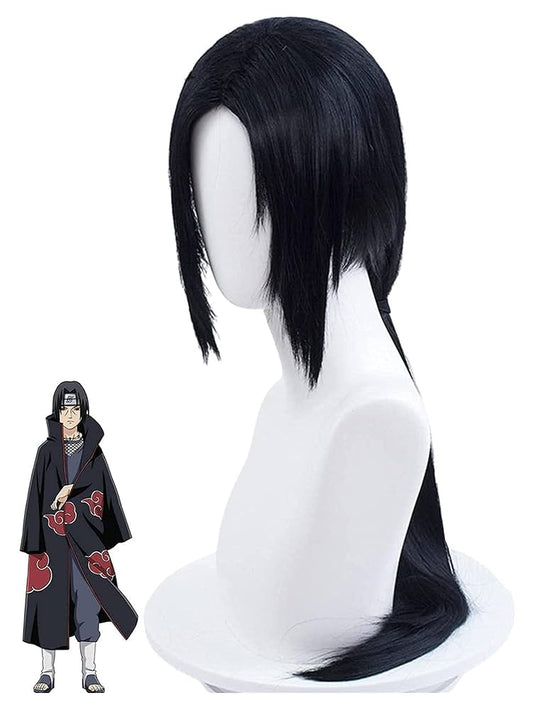 Black wig on a mannequin head with a character model in the background