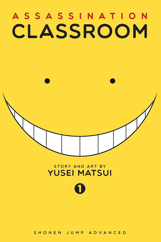 Front cover of the book 'Assassination Classroom' Volume 1 by Yusei Matsui, featuring a bright yellow background with a large white smiley face and black text.