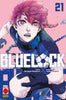 Manga book cover of 'Blue Lock' with a character holding a ball on a pink background