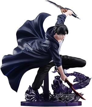 A detailed anime figurine of the character Kenma Kugisaki from Jujutsu Kaisen, captured in a dynamic crouching pose with his cape flowing behind him and a sword raised overhead. The figure is set on a dark purple base with a visible 'BAPEKSFO' brand mark at the bottom.