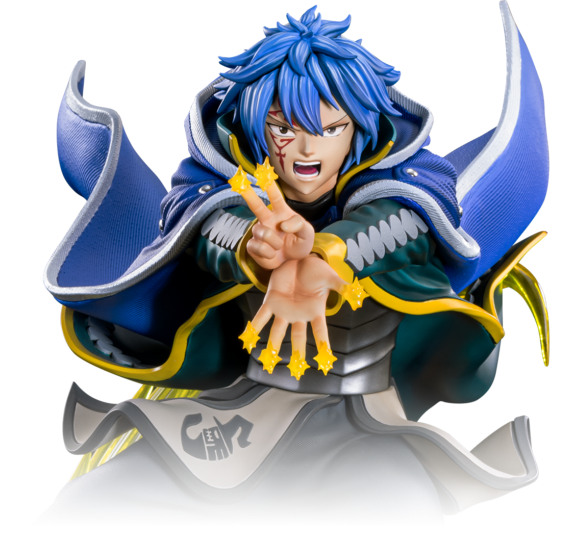 A collectible figurine of the anime character Eustase from Fairy Tail, depicted with his signature blue hair, dark blue and green coat, and yellow accents, holding up three yellow star-shaped crystals against a white background.