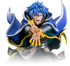 A collectible figurine of the anime character Eustase from Fairy Tail, depicted with his signature blue hair, dark blue and green coat, and yellow accents, holding up three yellow star-shaped crystals against a white background.