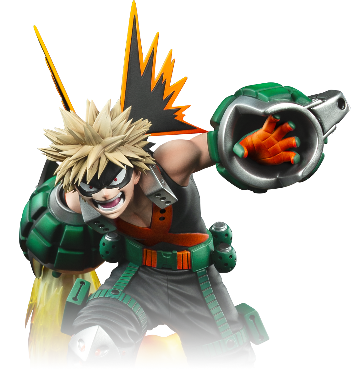 A stylized anime character figure or collectible character shown on a plain white background. The character has spiky blond hair, a black eye mask, a black outfit with bright orange accents, green utility armor details, and one arm replaced by a green-and-silver mechanical claw-like prosthetic with an orange hand inside.