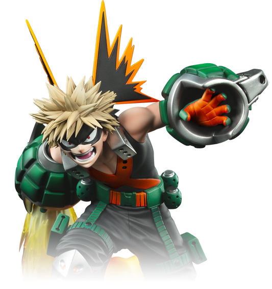 A stylized anime character figure or collectible character shown on a plain white background. The character has spiky blond hair, a black eye mask, a black outfit with bright orange accents, green utility armor details, and one arm replaced by a green-and-silver mechanical claw-like prosthetic with an orange hand inside.