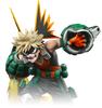 A stylized anime character figure or collectible character shown on a plain white background. The character has spiky blond hair, a black eye mask, a black outfit with bright orange accents, green utility armor details, and one arm replaced by a green-and-silver mechanical claw-like prosthetic with an orange hand inside.