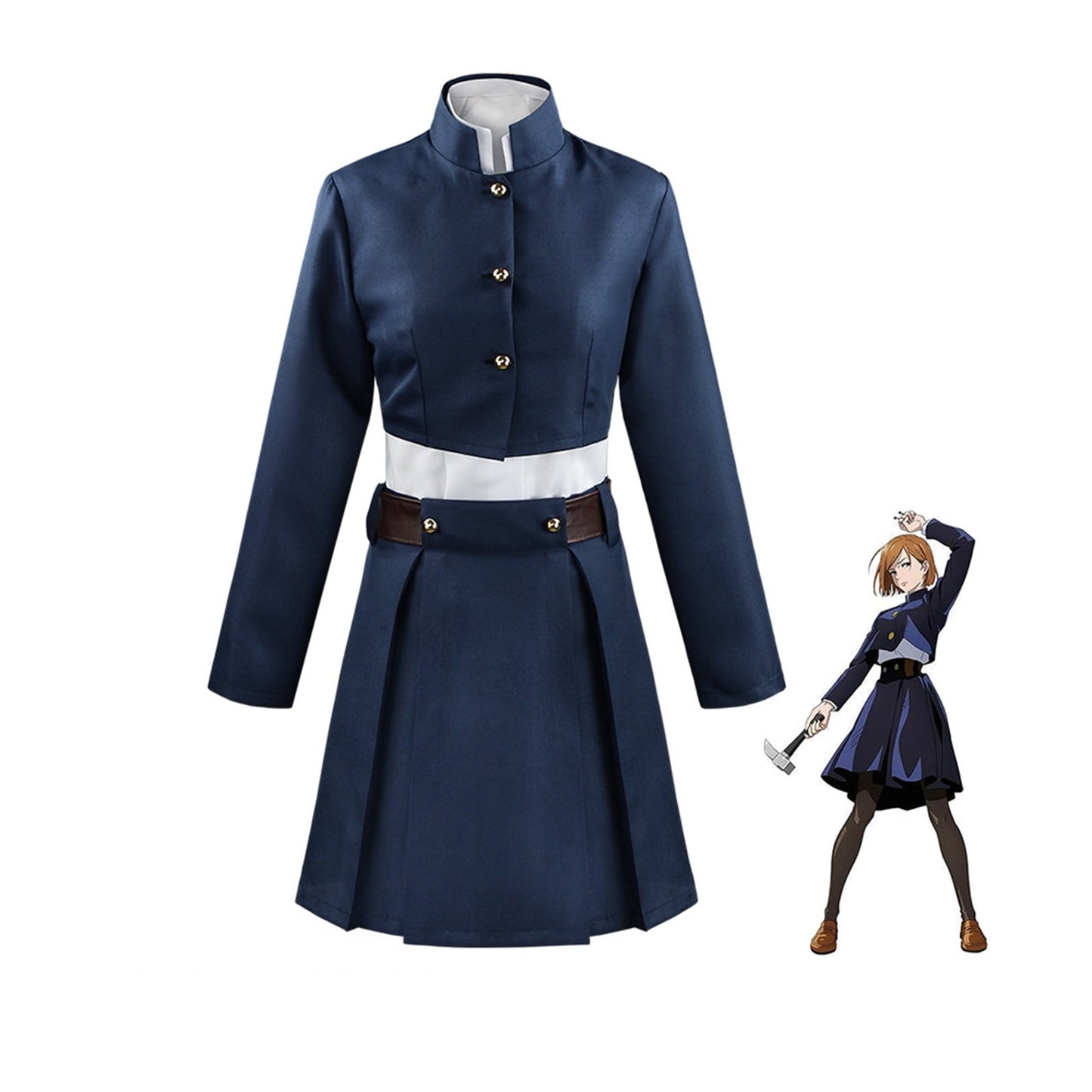 Navy blue dress with white shirt and brown belt on a white background