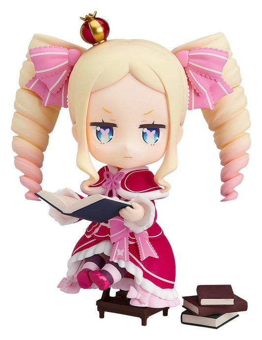 Animated character figurine with pink hair and outfit, holding a book on a white background