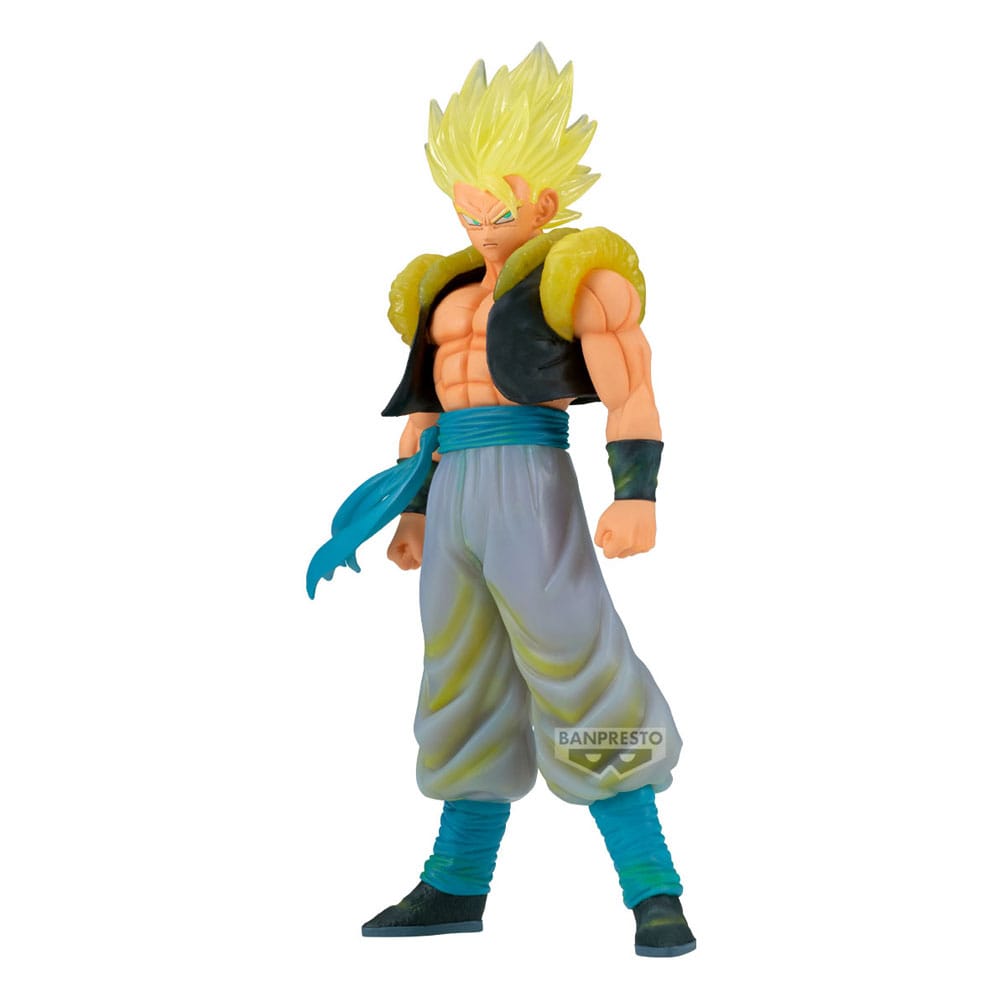 Action figure with spiky hair and blue accents on a white background