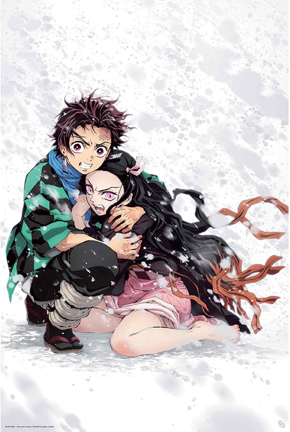 Two animated characters embracing in the snow with a white background