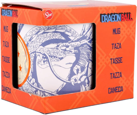 Dragon Ball themed ceramic mug in its original orange packaging box, featuring a blue line art illustration of the dragon on a white mug.