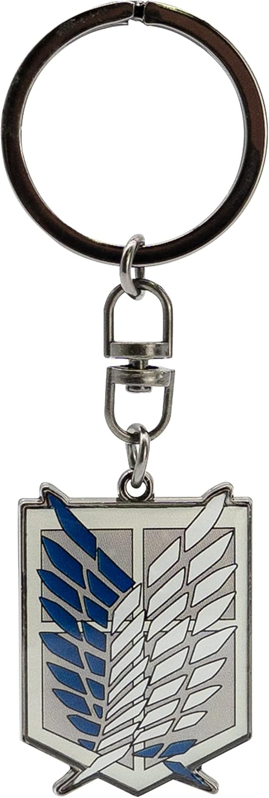 Attack on Titan keychain featuring the Survey Corps emblem with blue and silver wings on a white shield, attached to a silver clasp and black split ring.
