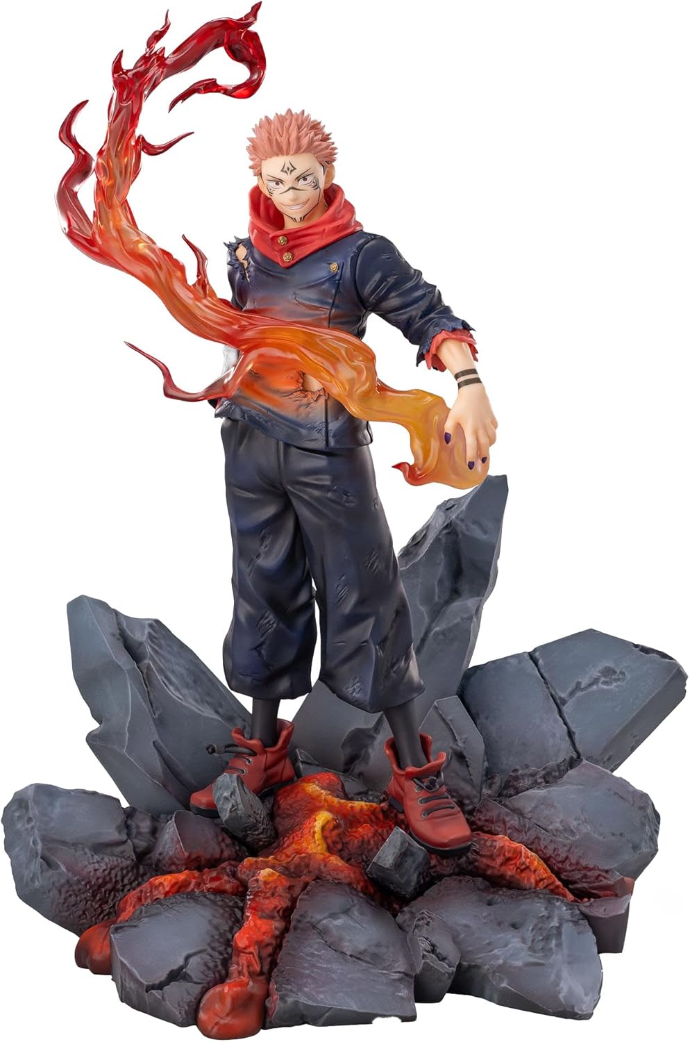 Figure of a character with fiery elements on a rocky base