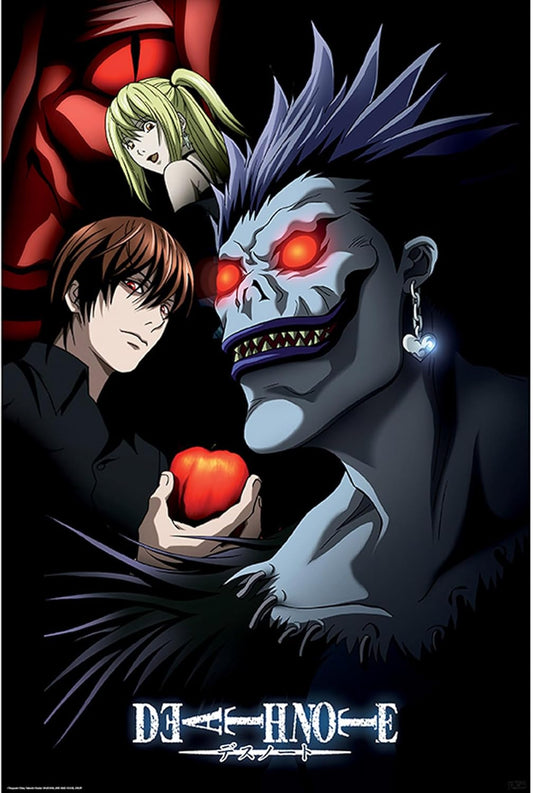 Promotional poster for 'Death Note' with characters and the show's title.