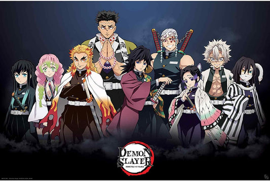 Group of animated characters from 'Demon Slayer' with the title logo below.