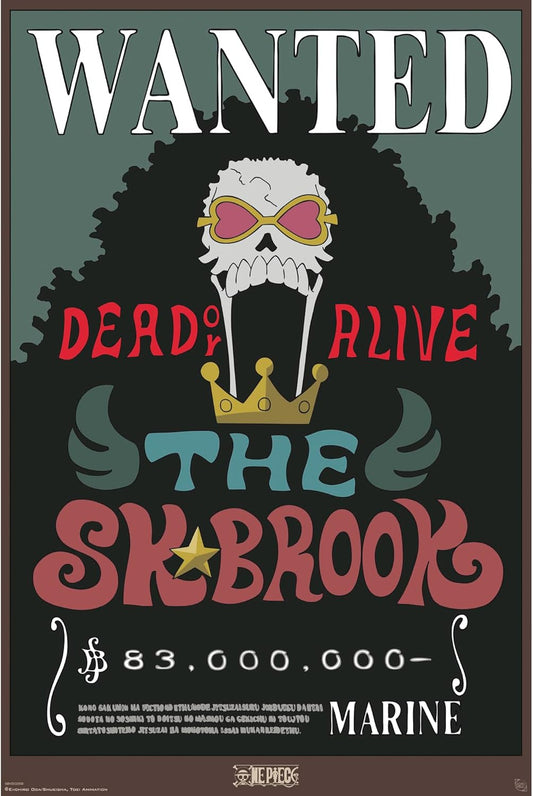 Wanted poster with a skull wearing sunglasses and a crown, featuring text and decorative elements.