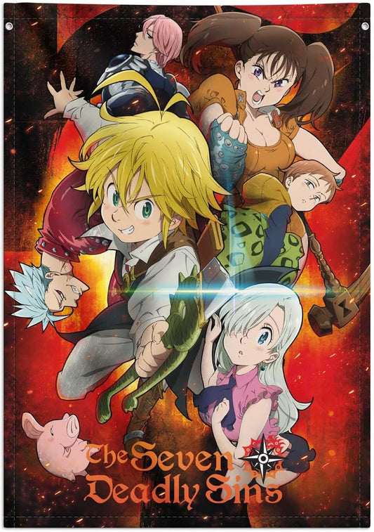 Promotional poster for 'The Seven Deadly Sins' with characters and a red background