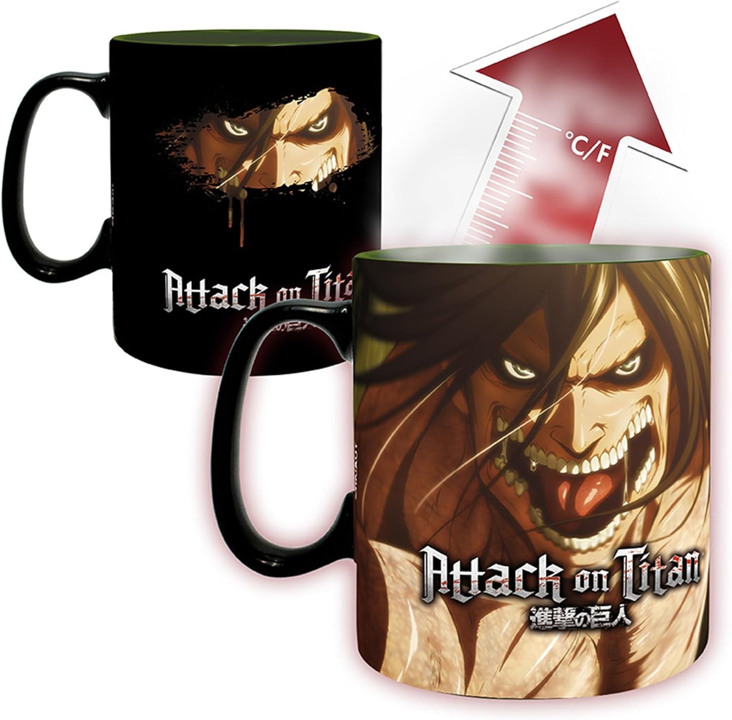 Two 'Attack on Titan' mugs with character designs and a temperature gauge.