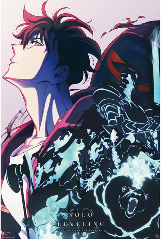 Animated character with stylized design and text 'SOLO LEVELING' on a dark background