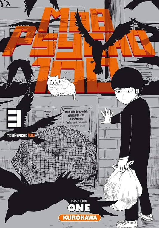 Front cover of the manga book 'Mob Psycho 3/4' by ONE Kurokawa, featuring a black and white illustration of a boy holding a plastic bag, a white cat on a dumpster, and large black crows flying against a gray brick wall background with bold orange title text.