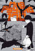 Front cover of the manga book 'Mob Psycho 3/4' by ONE Kurokawa, featuring a black and white illustration of a boy holding a plastic bag, a white cat on a dumpster, and large black crows flying against a gray brick wall background with bold orange title text.