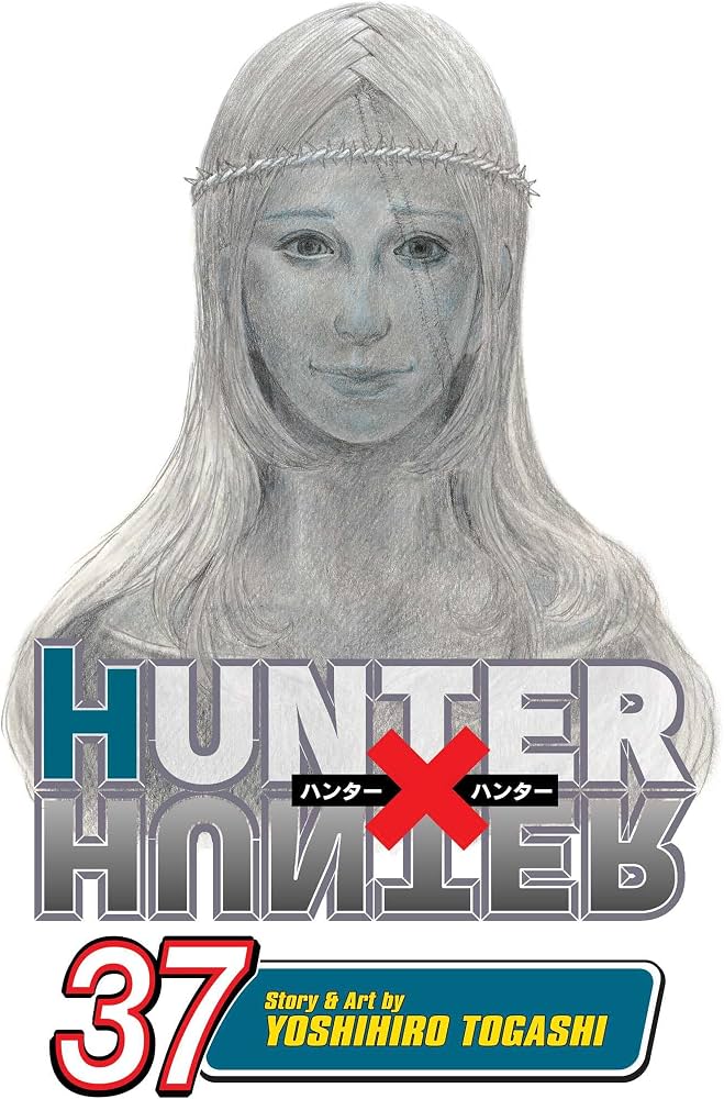Manga volume cover for Hunter x Hunter, Volume 37, featuring a grayscale sketch of the character Guts with a red X over his eyes. The title 'HUNTER X HUNTER' is displayed in bold letters with a red X, and the bottom features a blue banner with the text '37 Story & Art by YOSHHIRO TOGASHI'.