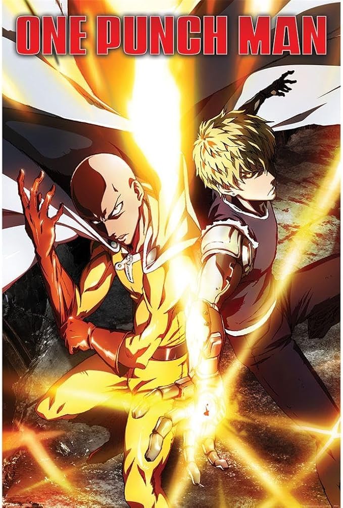 Two animated characters from 'One Punch Man' in a dynamic pose with energy effects.