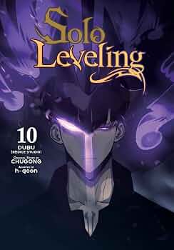 Book cover for Solo Leveling Volume 10, featuring a stylized dark character with glowing purple eyes and a silver mask against a purple background with the title 'Solo Leveling' in large gold lettering.