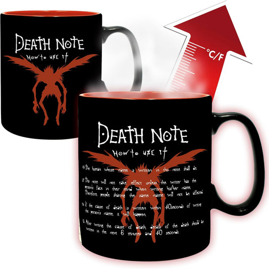 Black mug with 'Death Note' design and temperature gauge in the background