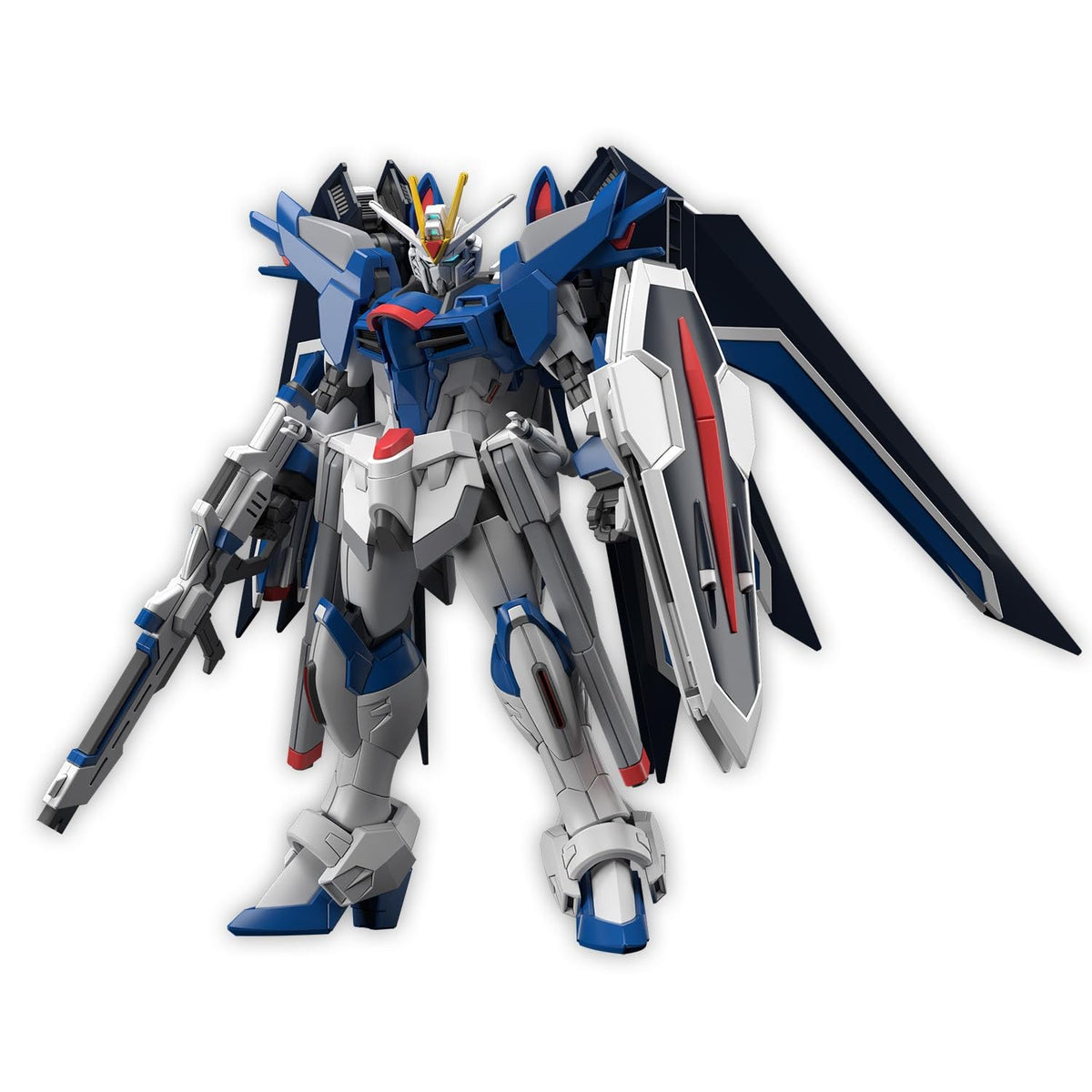 Model kit of a robot with blue, gray, and red colors on a white background