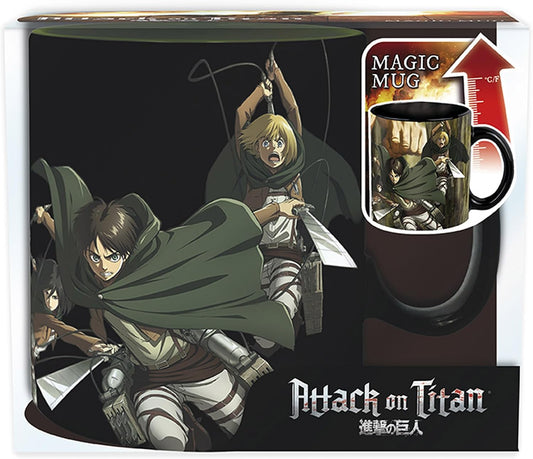 Attack on Titan themed ceramic mug in its retail packaging, featuring anime characters Levi, Mikasa, and Erwin with a graphic showing the mug's heat-reactive design.