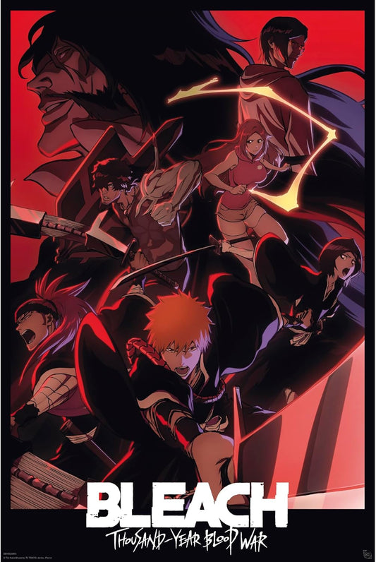 Poster of 'Bleach' with characters in action poses on a red background