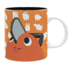 An orange ceramic coffee mug featuring a cartoon illustration of a character with a chainsaw on its head, with white animal silhouettes on a solid orange background.