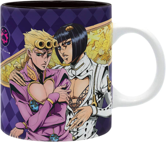 Mug with anime-style illustration of two characters on a purple background