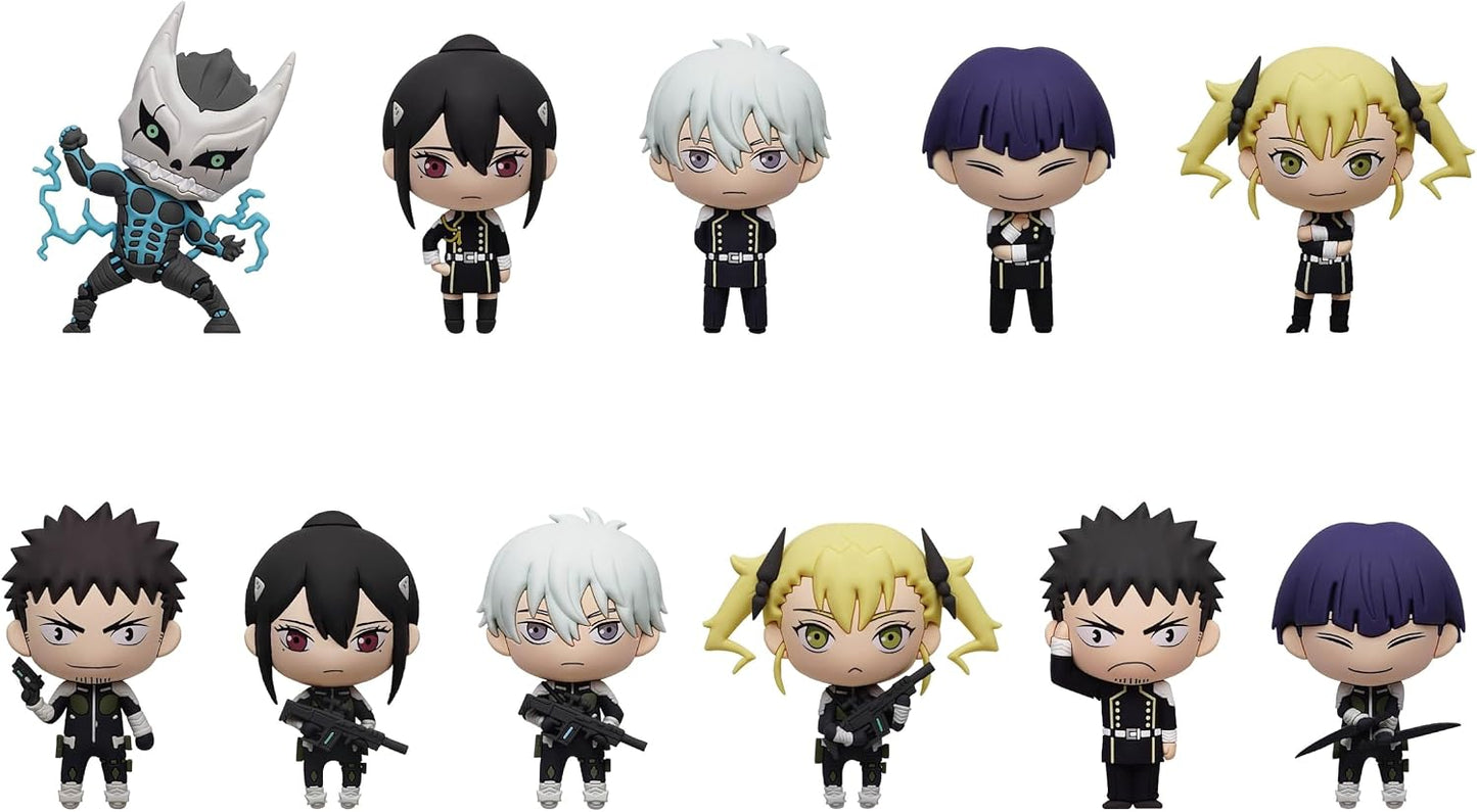 Ten chibi-style anime figurines arranged in two rows on a plain white background. The characters wear mostly black outfits and include varied hair colors such as black, white, purple, and yellow, with one figure showing blue energy effects.
