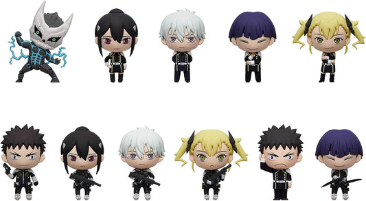 Ten chibi-style anime figurines arranged in two rows on a plain white background. The characters wear mostly black outfits and include varied hair colors such as black, white, purple, and yellow, with one figure showing blue energy effects.
