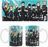 Three views of a white ceramic mug featuring anime characters from 'Kaiju No. 8' on a turquoise background, with a larger top panel showing the full character group and two smaller front-and-side mug views below.