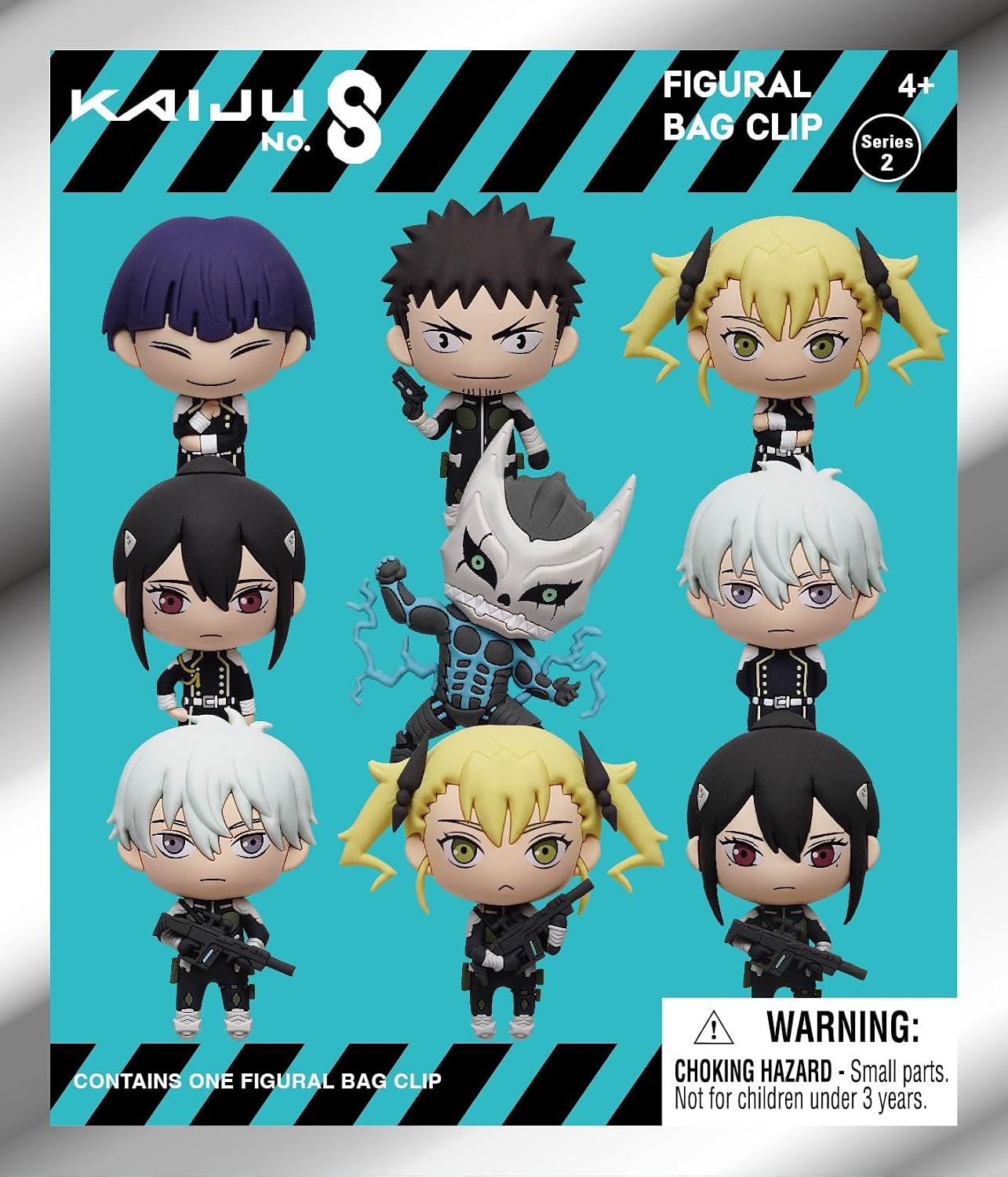 Front packaging of a Kaiju No. 8 Series 2 Figural Bag Clip, featuring a grid of eight chibi anime character figures on a bright cyan background with black diagonal hazard stripes and product text.
