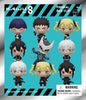 Front packaging of a Kaiju No. 8 Series 2 Figural Bag Clip, featuring a grid of eight chibi anime character figures on a bright cyan background with black diagonal hazard stripes and product text.