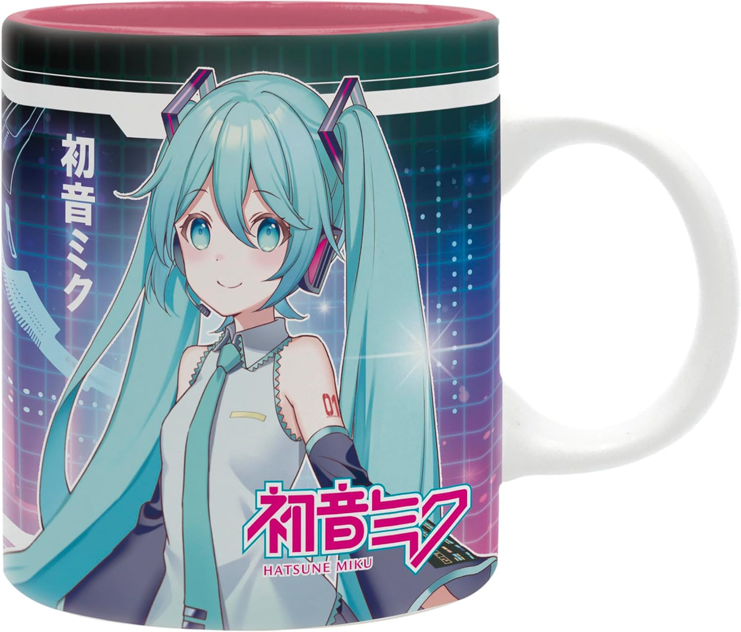 A white ceramic mug featuring a colorful graphic print of Hatsune Miku with her signature turquoise twin-tails, headphones, and Japanese text on a dark blue and purple digital background.
