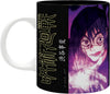 A white ceramic mug featuring a split design: the left half is black with gold Japanese text and a subtle geometric pattern, and the right half shows a purple-toned anime-style illustrated face. The mug is photographed on a plain white background.