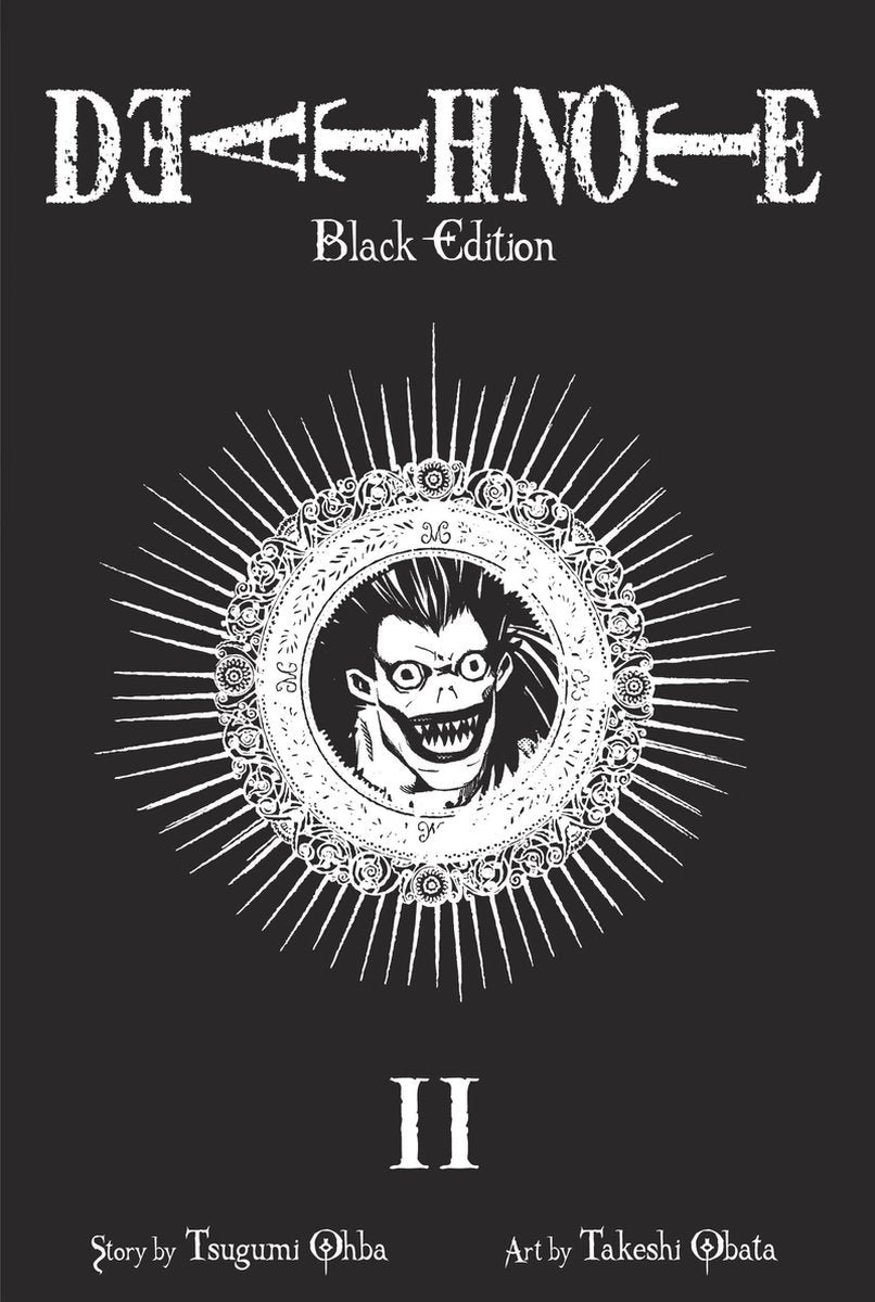 Book cover of 'Death Note Black Edition' with a central illustration of a character in a circular design on a black background.