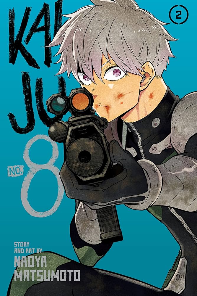 Anime character holding a gun with a blue background and text