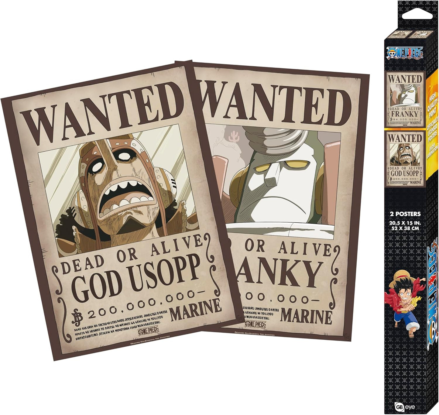 Two 'Wanted' posters featuring characters God Usopp and Franky from a popular anime series, with packaging on the side.