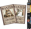 Two 'Wanted' posters featuring characters God Usopp and Franky from a popular anime series, with packaging on the side.
