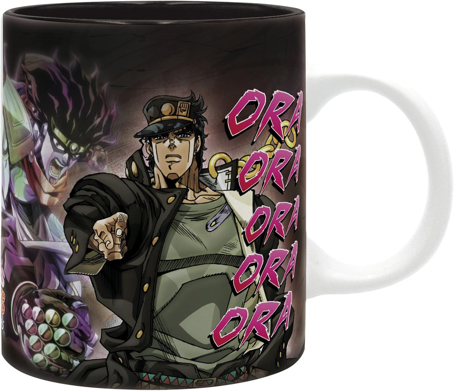 A ceramic mug featuring a printed anime illustration from JoJo's Bizarre Adventure, with the word 'ORLA' repeated in pink comic-style lettering on the side.