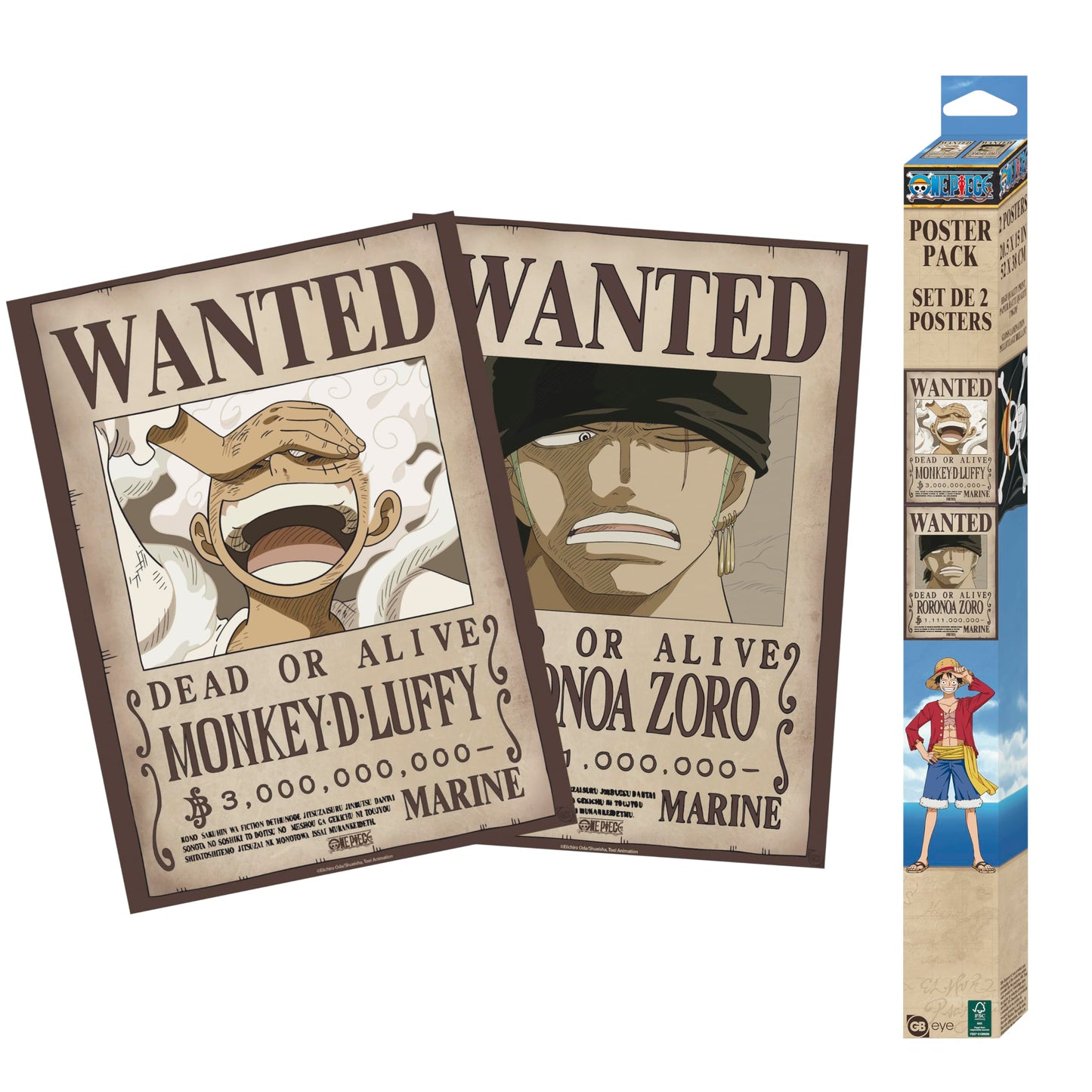 Two 'Wanted' posters featuring characters from a popular anime series, with a packaging box on the side.