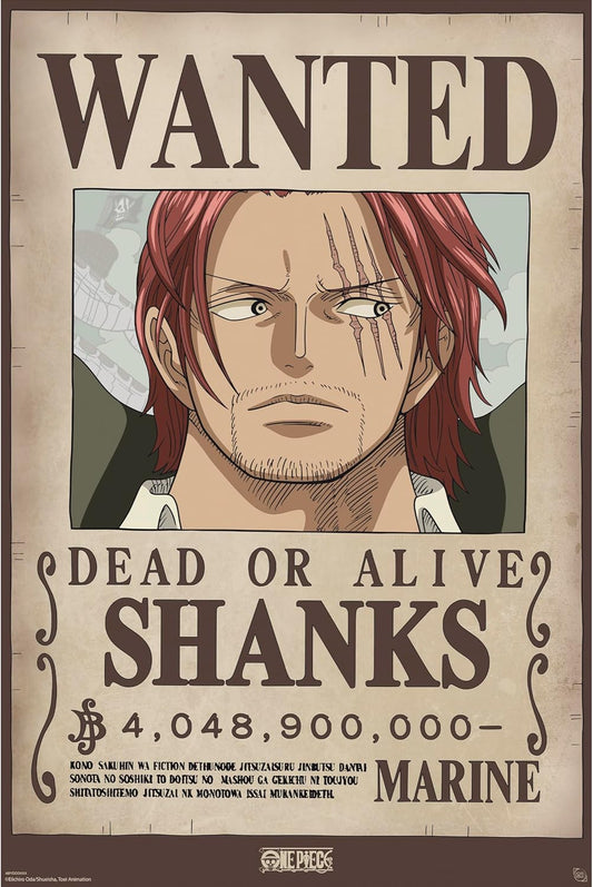 Wanted poster for Shanks with a character illustration and text details.
